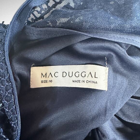 Mac Duggal Embroidered Long Sleeve V Neck Trumpet Gown Dress Sz 10 Midnight Blue - Picture 7 of 14